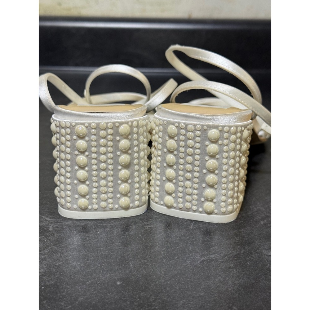 Dolce Vita Satin Pearl Block Heel Bridal Sandals Ivory Square Toe Size 8.5 Party - Picture 5 of 9
